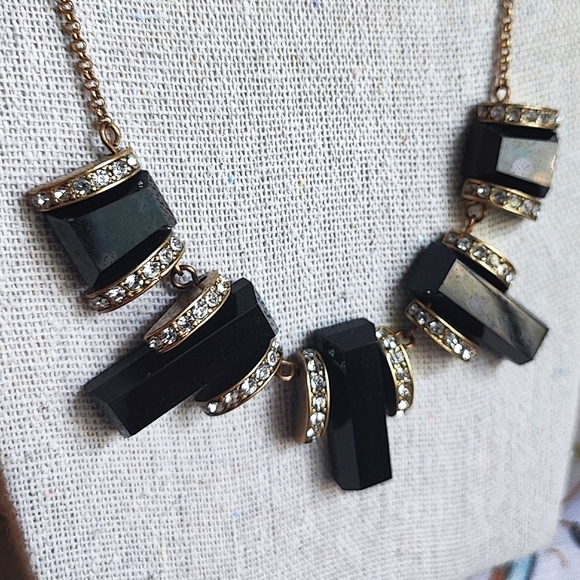 J. Crew Art Deco Jet Black Lucite Acrylic Oxidized Brass Tone Statement Necklace - Picture 4 of 10